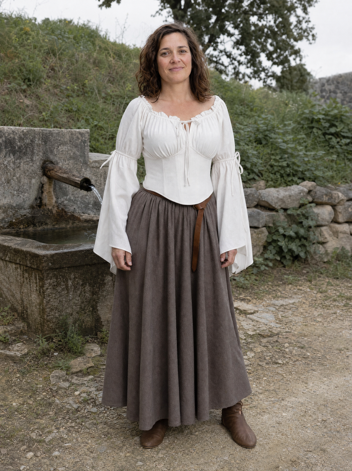 Woman in a white off-shoulder Renaissance blouse and a long grey skirt outdoors