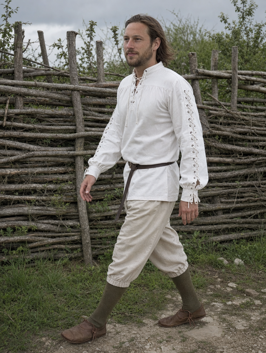 Man in a white laced Renaissance shirt and cream trousers walking past a wattle fence