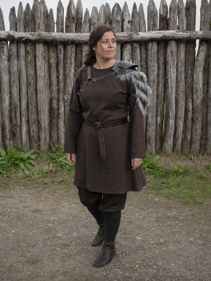 Woman in a dark tunic and belt with a fur-look shoulder pauldron in front of a wooden palisade