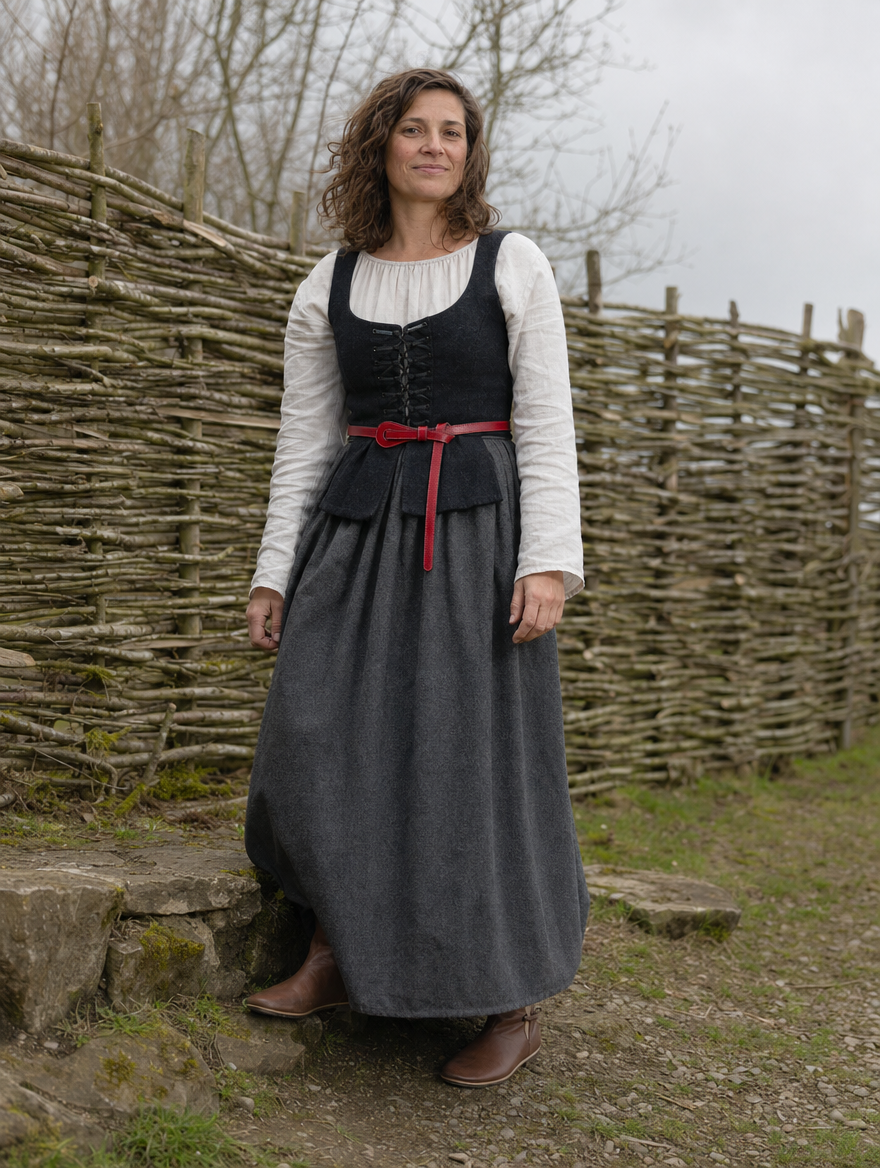 Woman in a white blouse, black laced vest, grey skirt and red tie belt by a woven fence