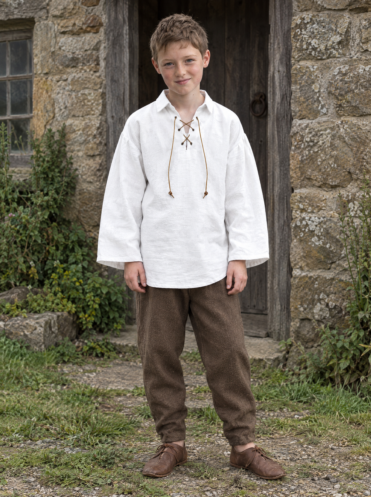 Child in a white lace-up Renaissance shirt and brown trousers outdoors