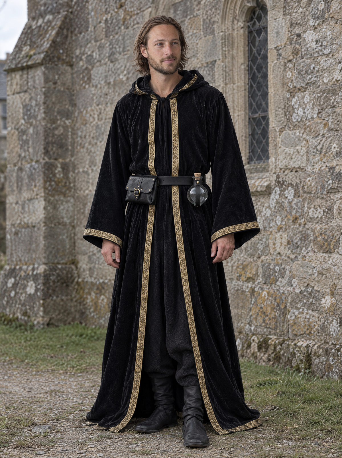 Man in a long black hooded velvet robe with gold trim outside a stone church