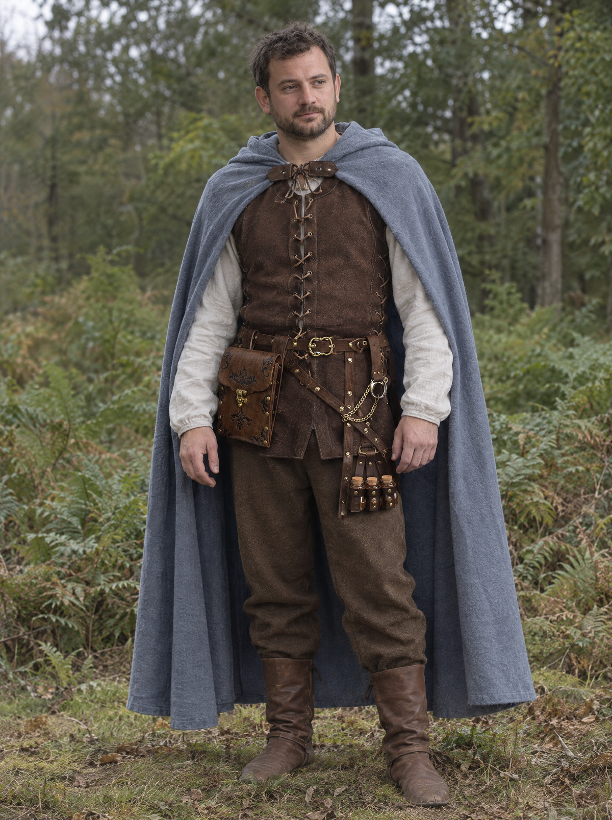 Man in a blue-grey hooded cloak over a brown laced vest and white shirt in a forest