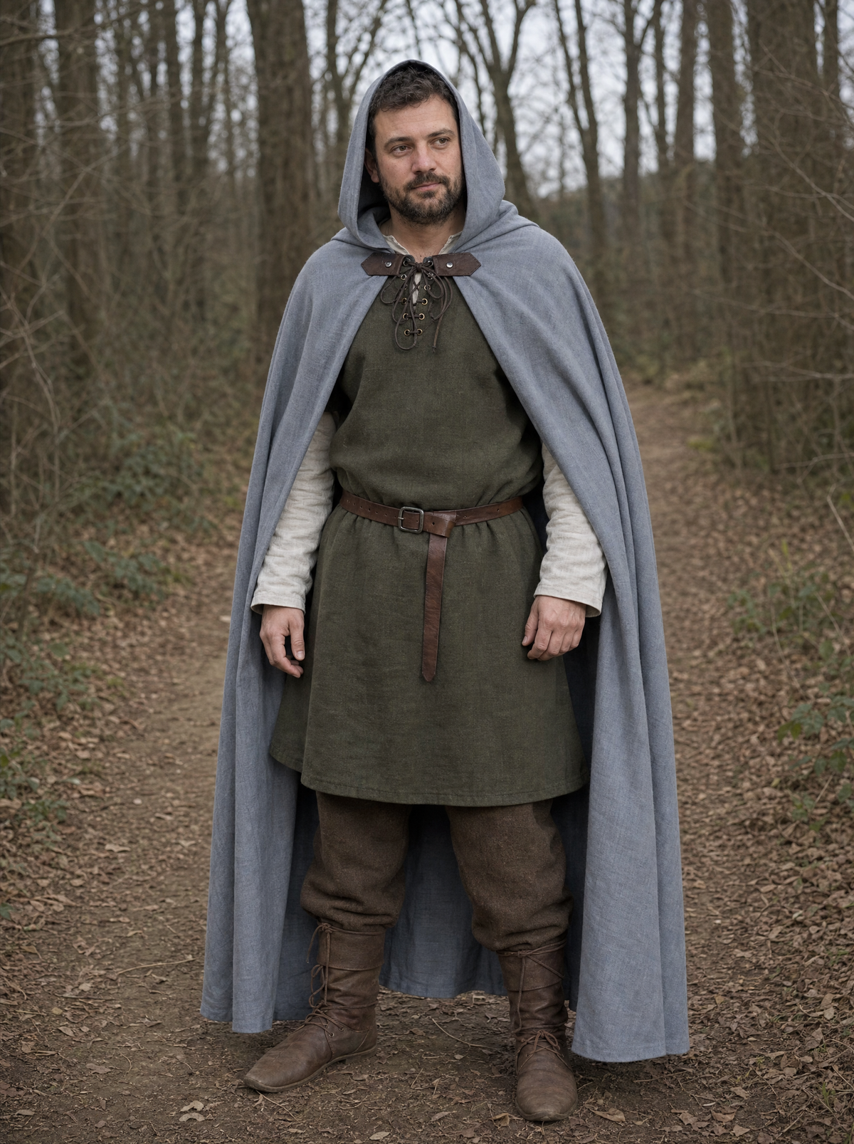 Man in a long grey hooded ranger cloak over a green tunic in a forest