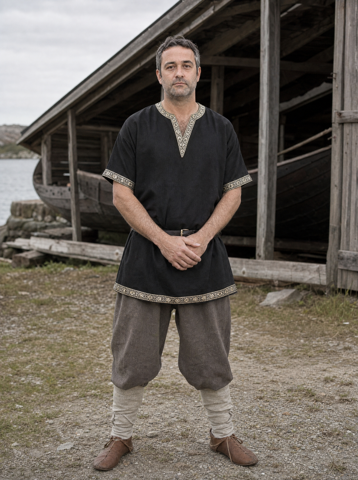 Man in a black short-sleeve V-neck tunic belted over trousers outdoors