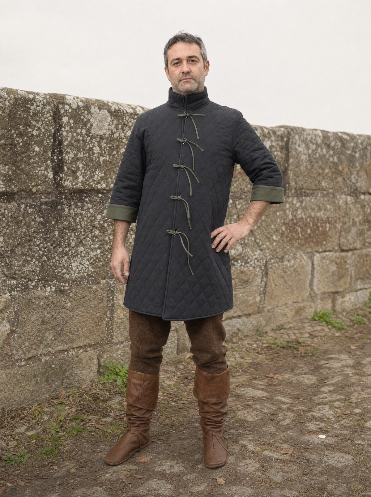 Man in a long black quilted padded coat with a stand collar outdoors