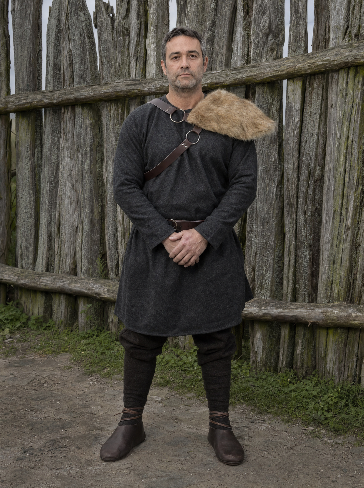 Man in a dark tunic with a brown fur-look pauldron on one shoulder by a wooden palisade