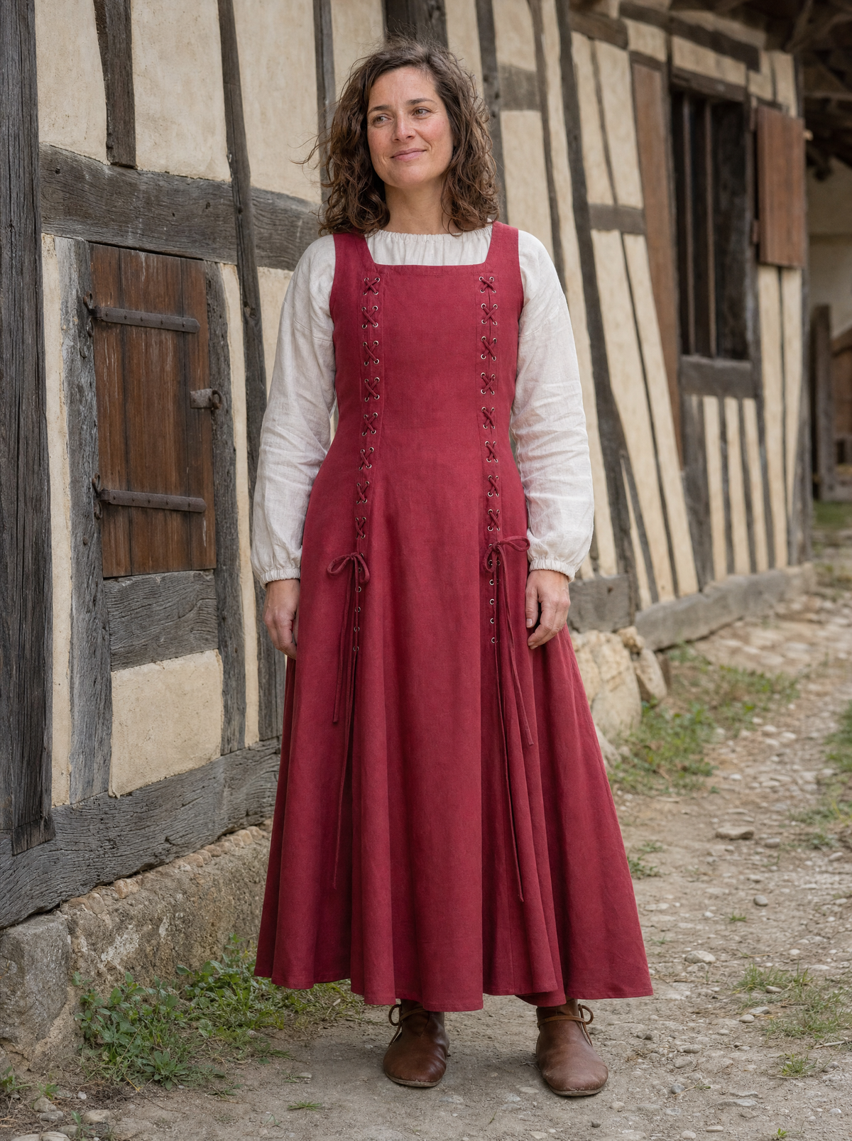 Woman in a red square-neck laced Renaissance dress over a white blouse outside a timber-framed house