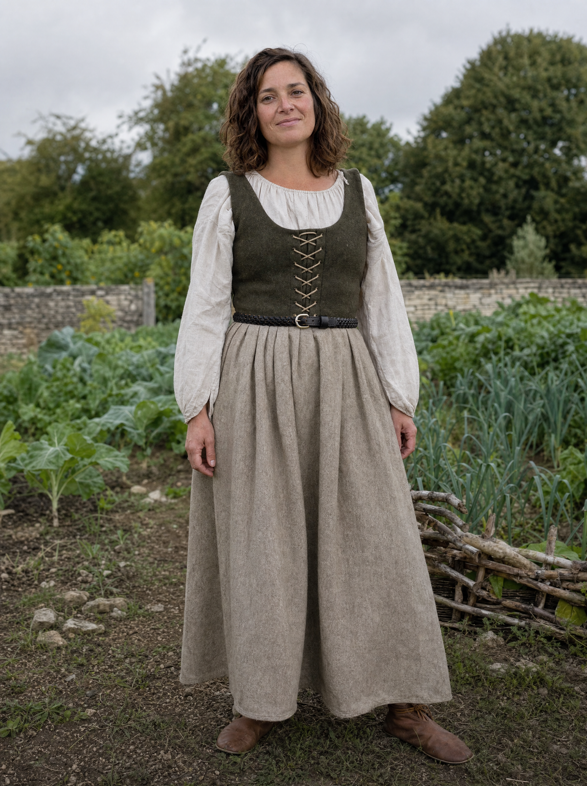 Woman in a white blouse, green laced vest and long beige skirt with a thin braided belt