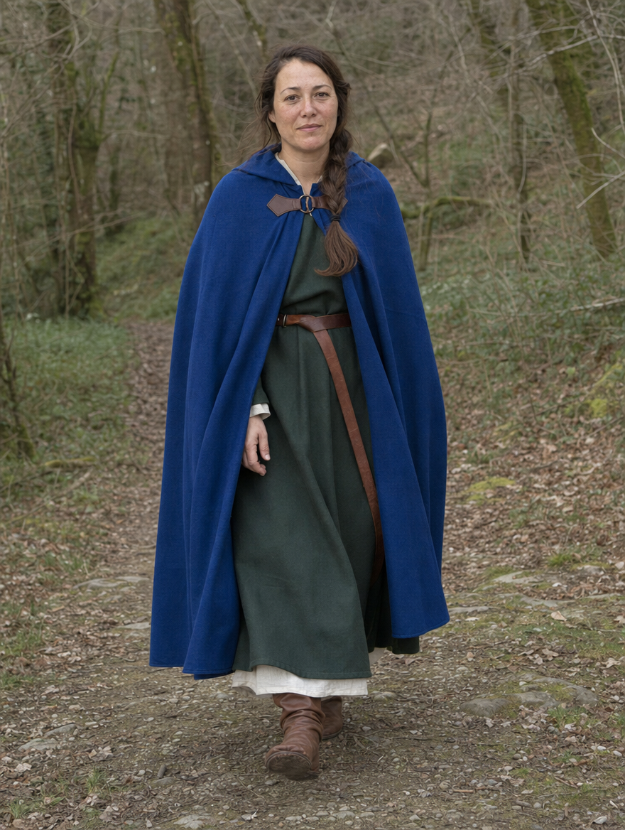 Woman in a blue velvet hooded cloak over a long green dress on a forest path