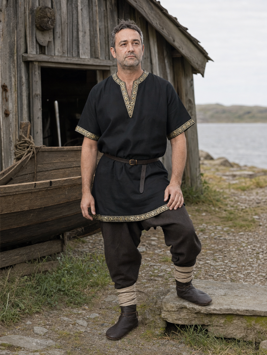 Man in a black short-sleeved tunic with gold trim and dark trousers outside a timber boathouse by the sea