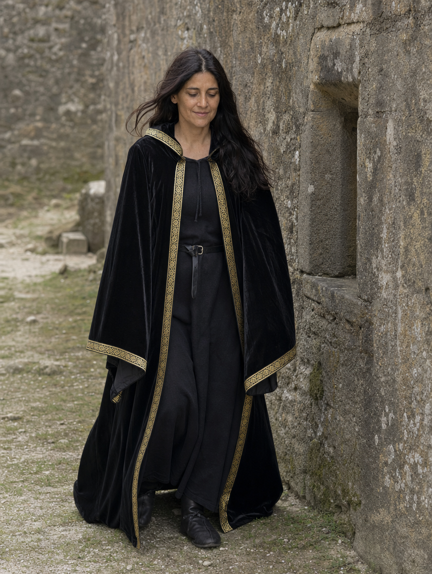 Woman in a black velvet hooded robe with a gold printed border beside stone ruins