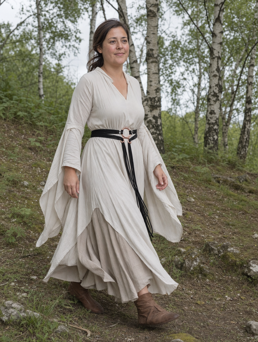 Woman in a long cream dress with a multi-cord ring belt in a birch wood