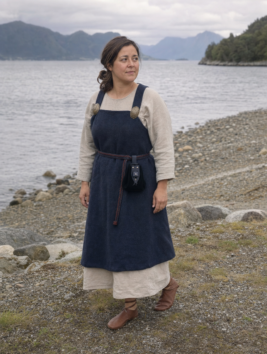 Woman in a navy apron dress with a small drawstring pouch at her belt by a fjord