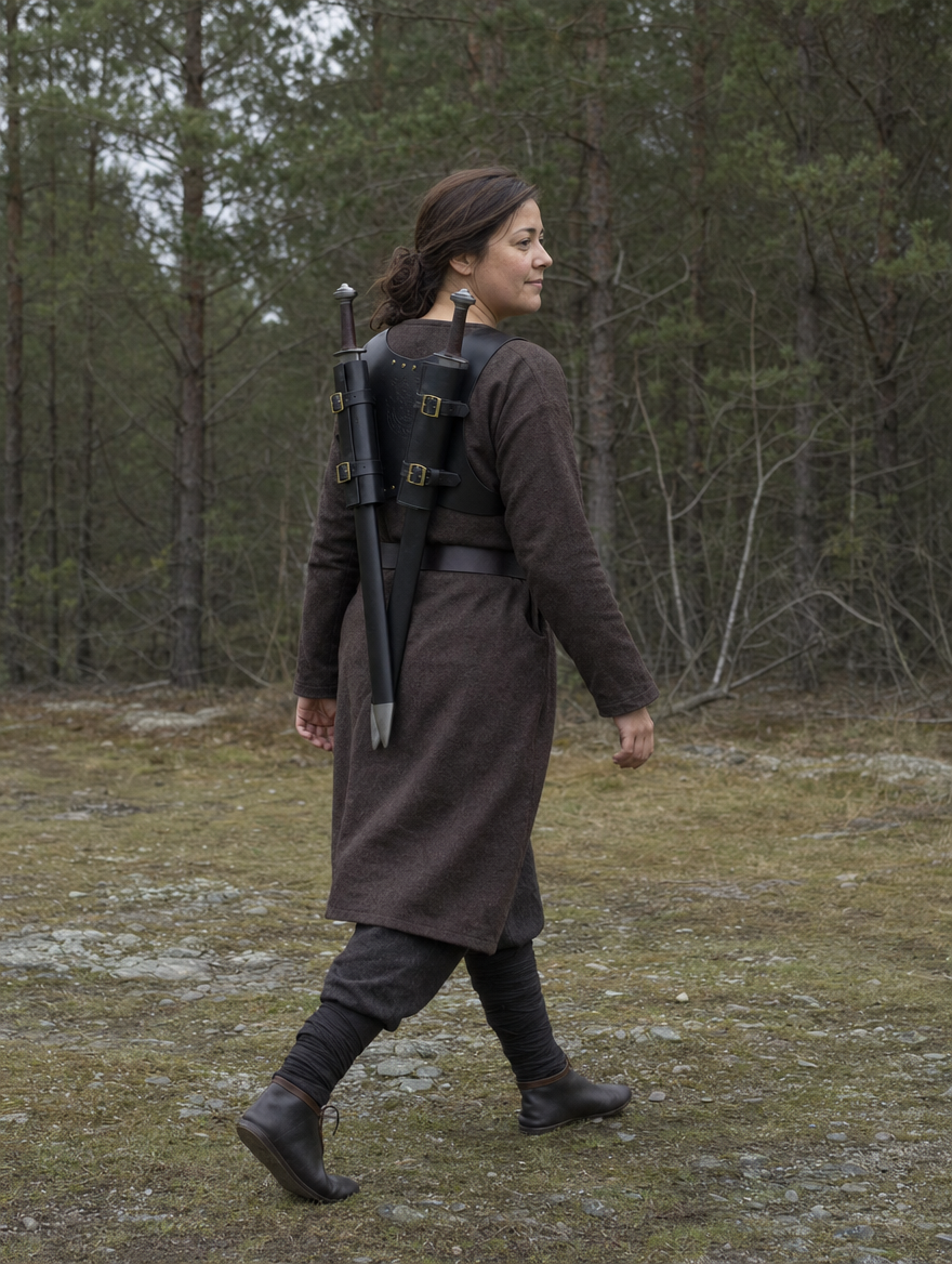 Woman seen from behind with a faux leather double sword harness over a brown coat in a forest