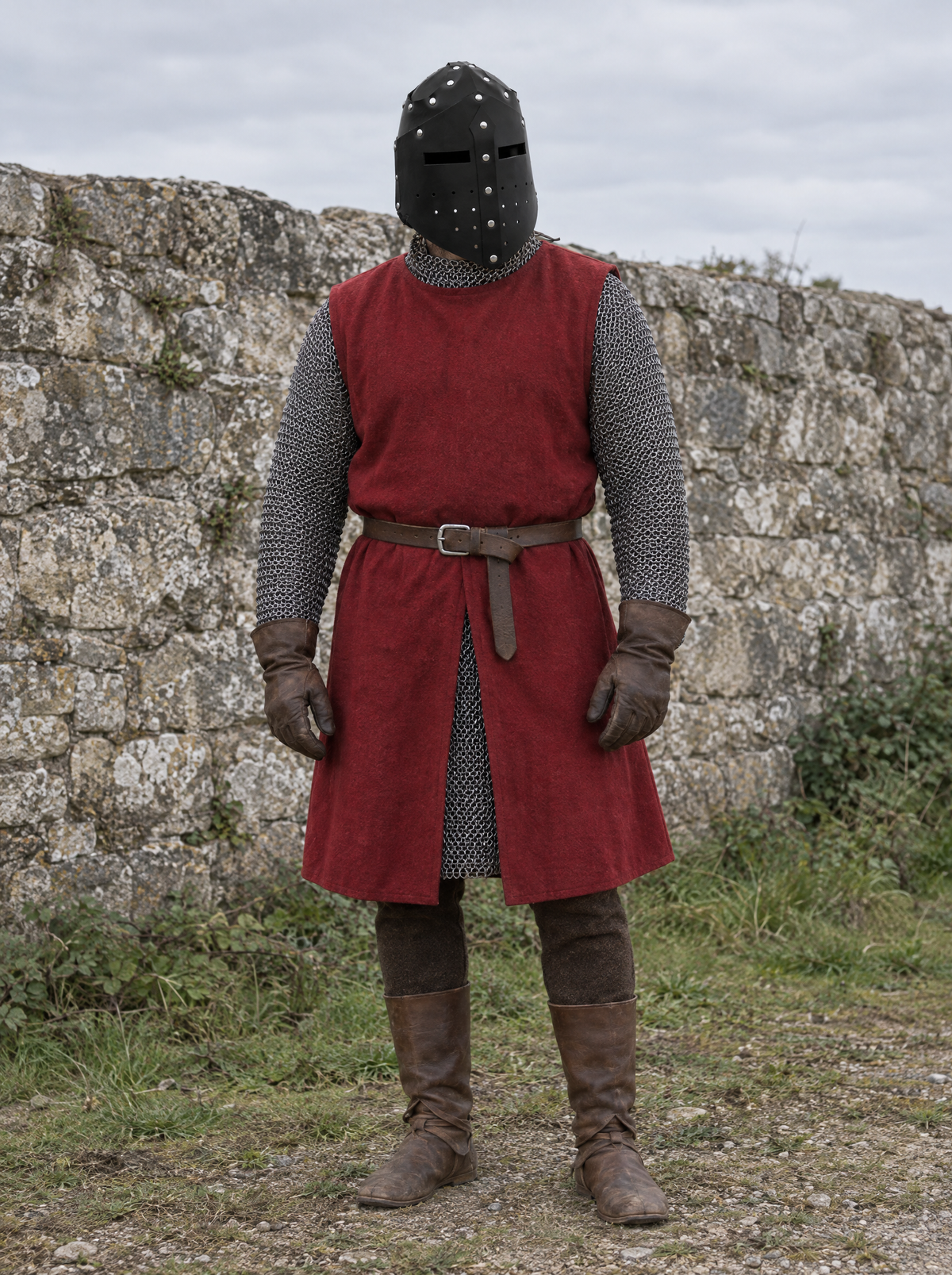 Figure in a faux leather great helm and a red tabard beside a stone wall