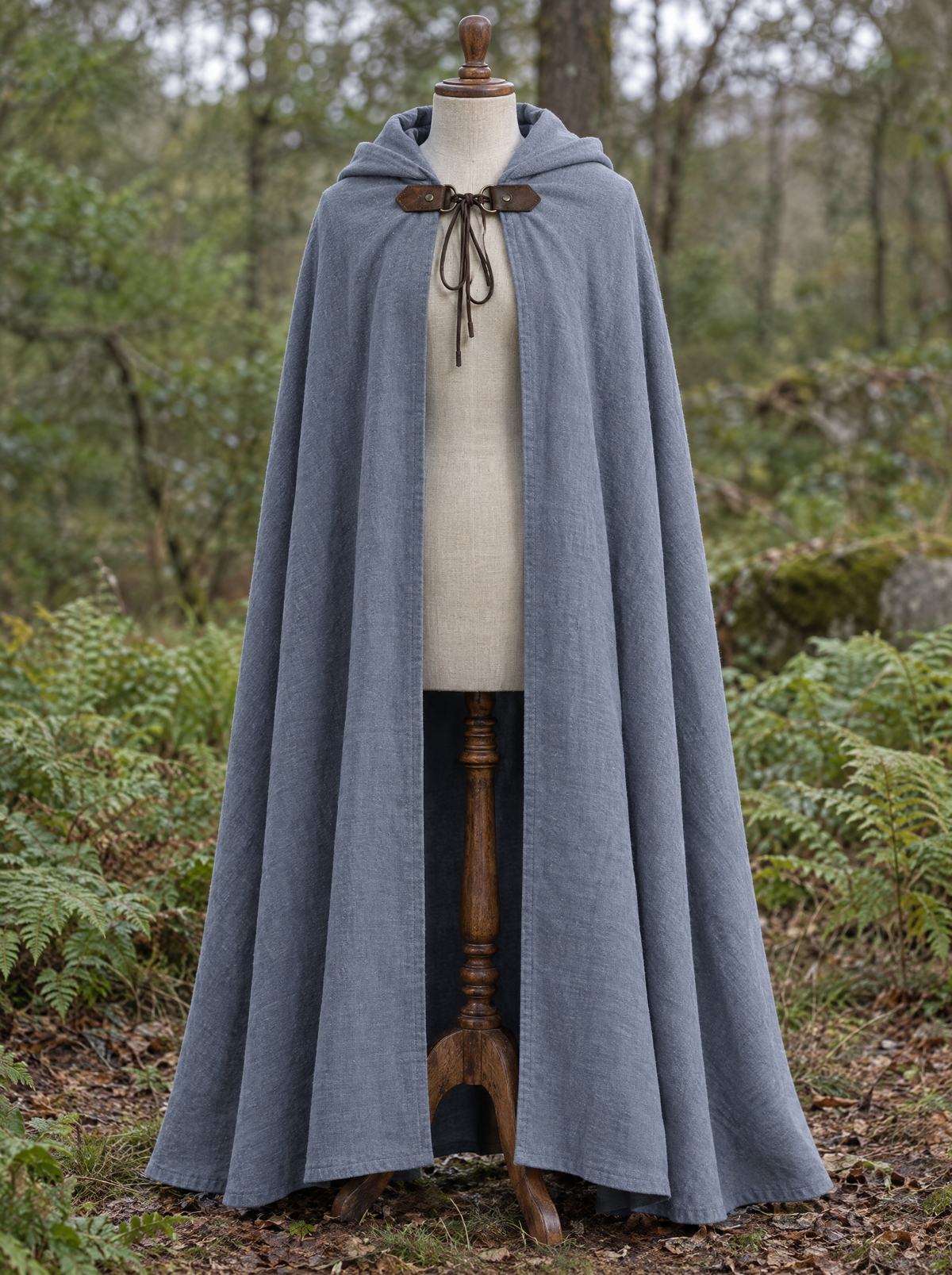 Grey hooded cloak on a dress form in a forest clearing