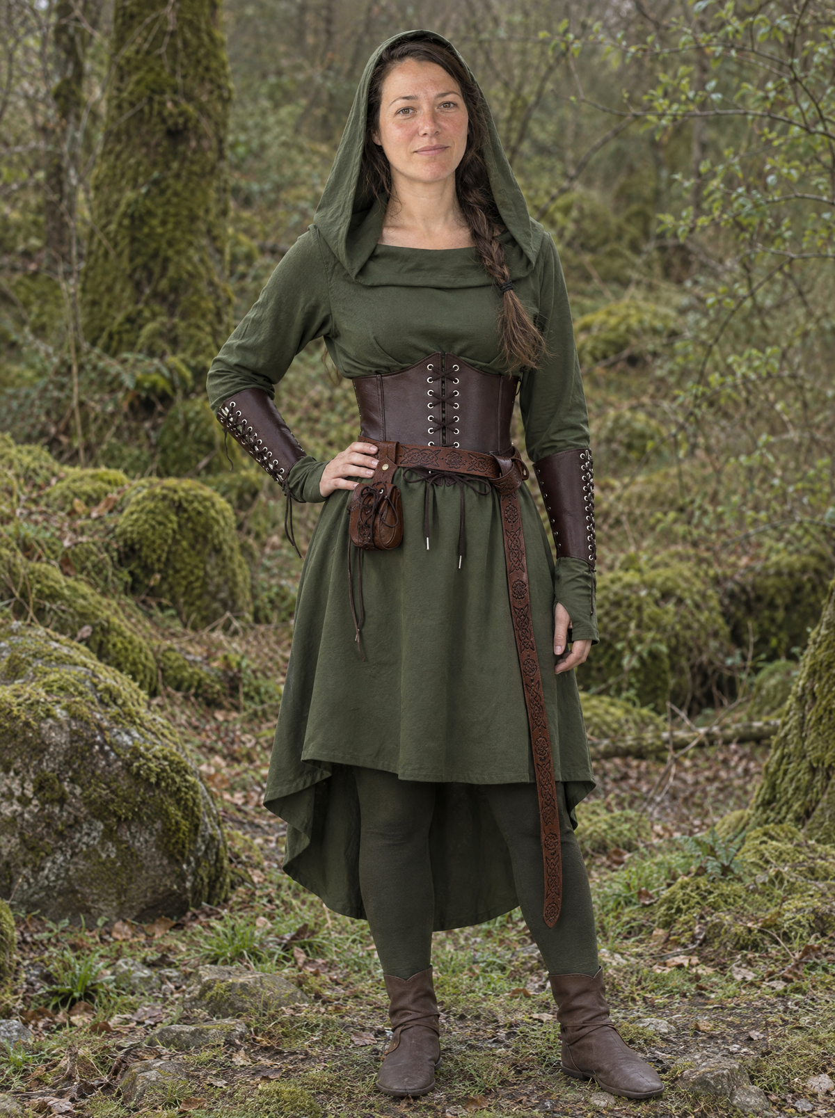 Woman in a green hooded elf dress with a corset belt in a mossy forest