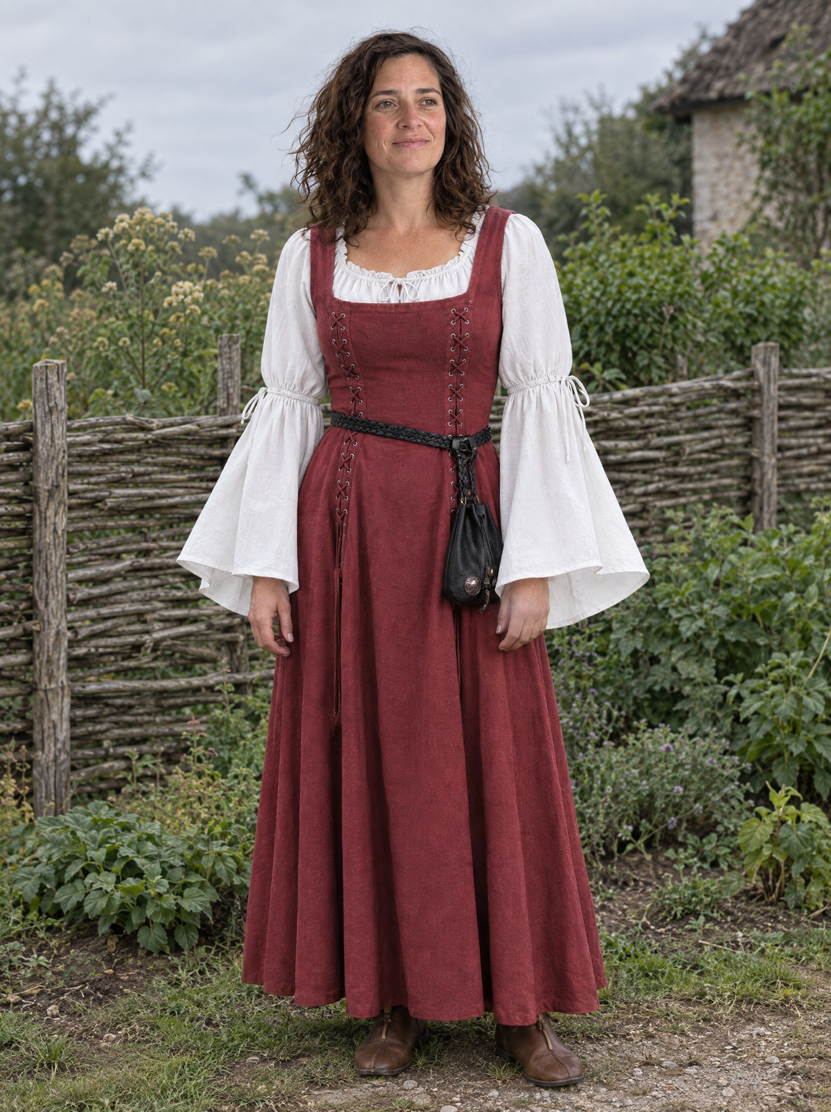 Woman at a Renaissance faire in a red laced dress over a white flared-sleeve blouse