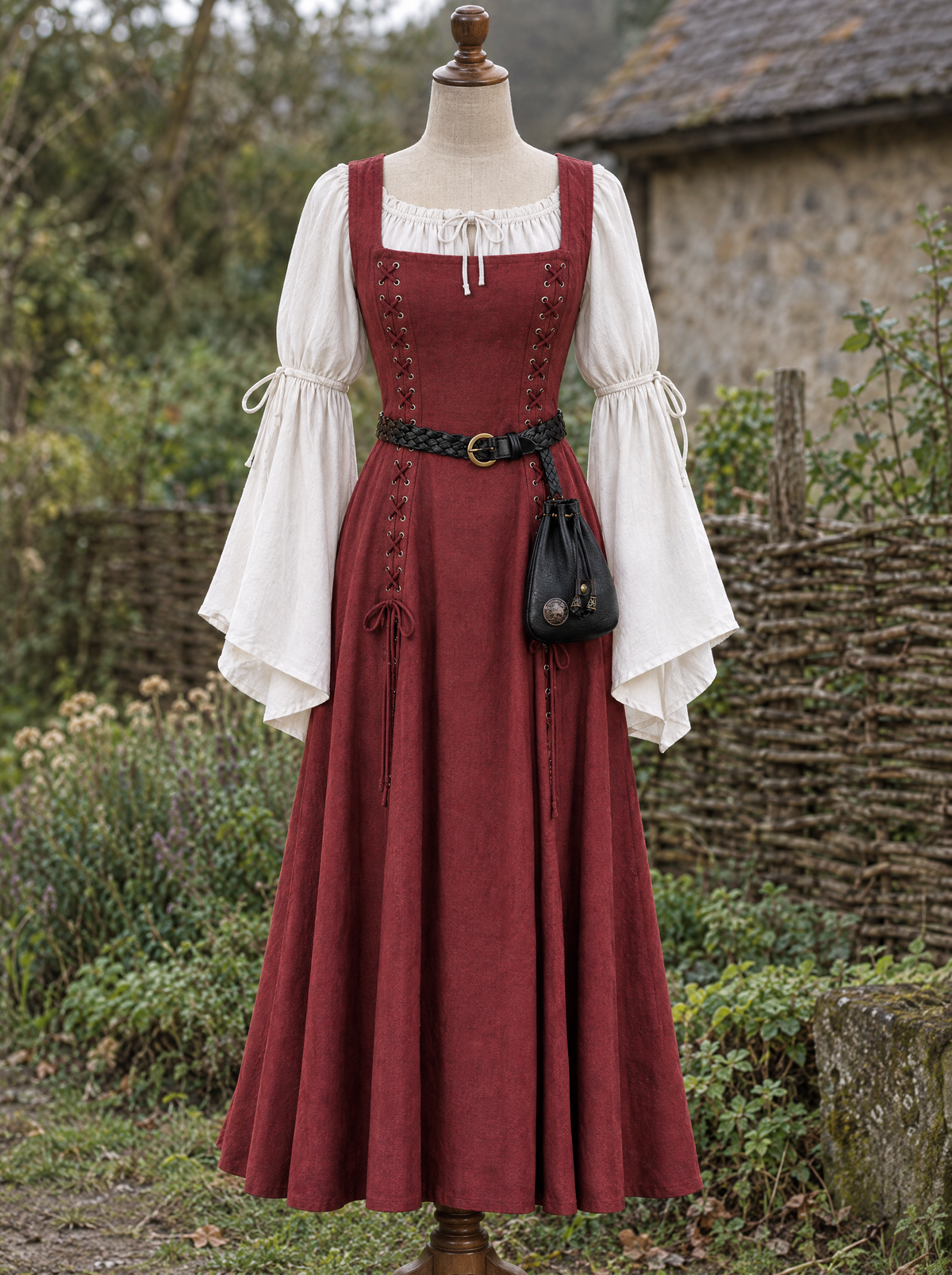 Red laced Renaissance dress over a white flared-sleeve blouse on a dress form in a village garden
