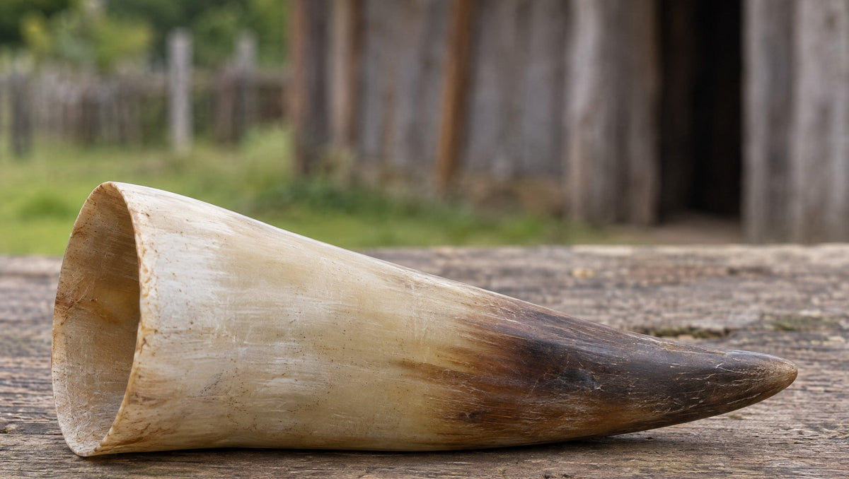 Natural drinking horn on a wooden table in front of an old timber house