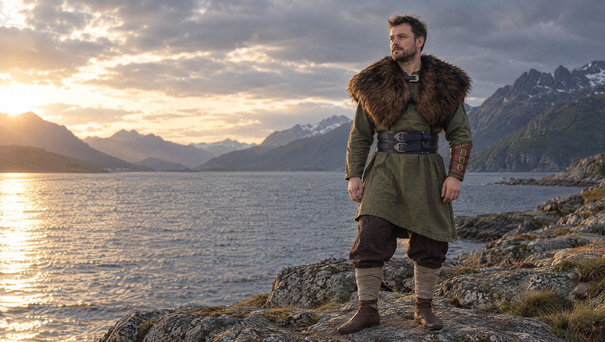 Man in a green tunic, faux fur shoulder cape and wide belt on a rocky shore