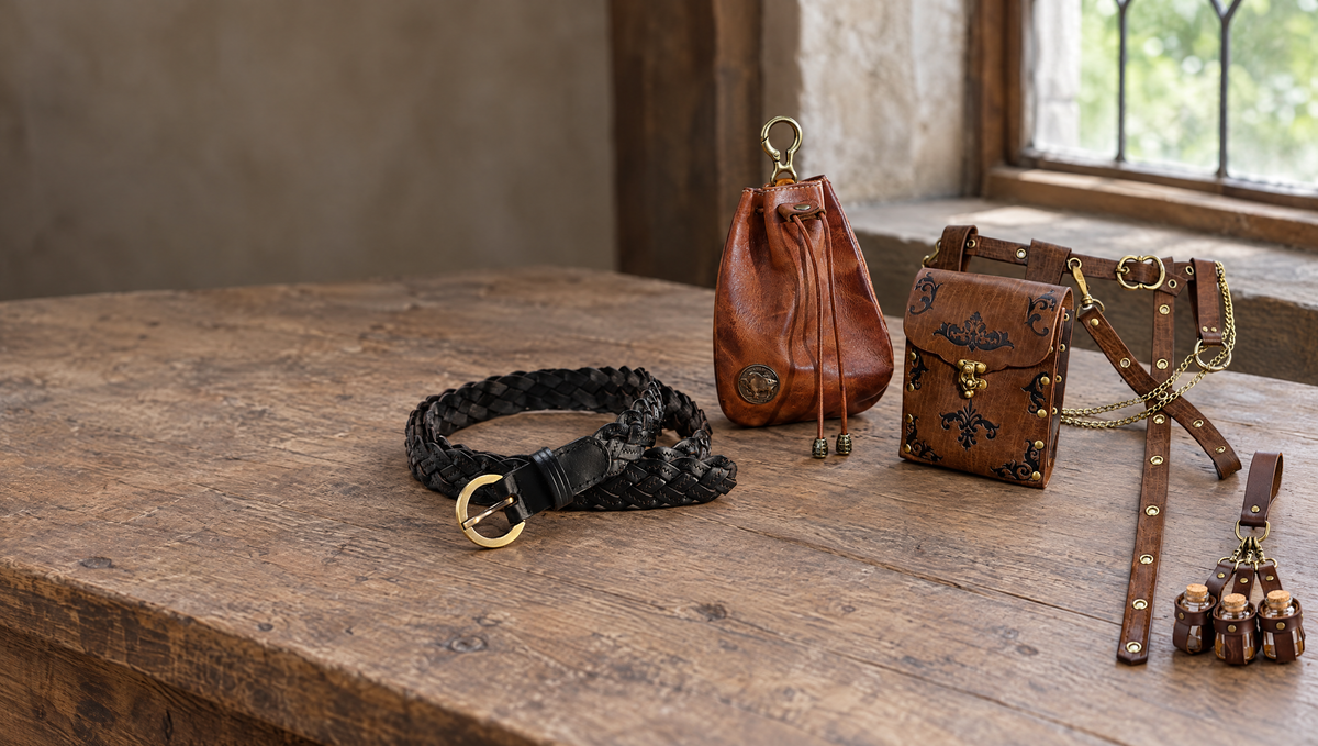 Braided belt, leather pouches and a belt kit on a wooden table by a window