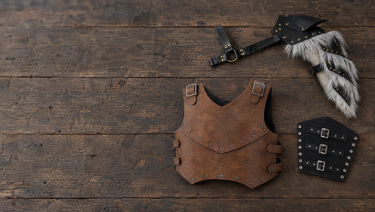 Faux leather breastplate, fur-look pauldron and studded bracer on a wooden table