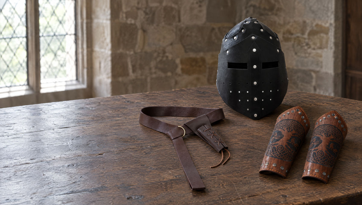 Faux leather great helm, belt and two embossed bracers on a wooden table