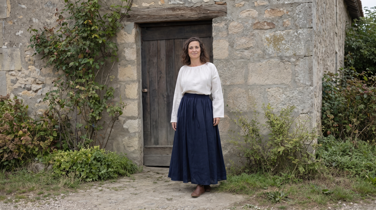 Woman in a white blouse and a long navy drawstring skirt by a stone doorway