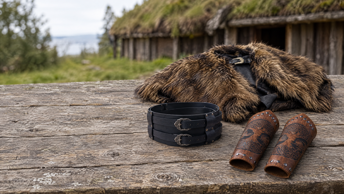Faux fur cape, wide double-buckle belt and embossed bracers on a wooden table by a turf house