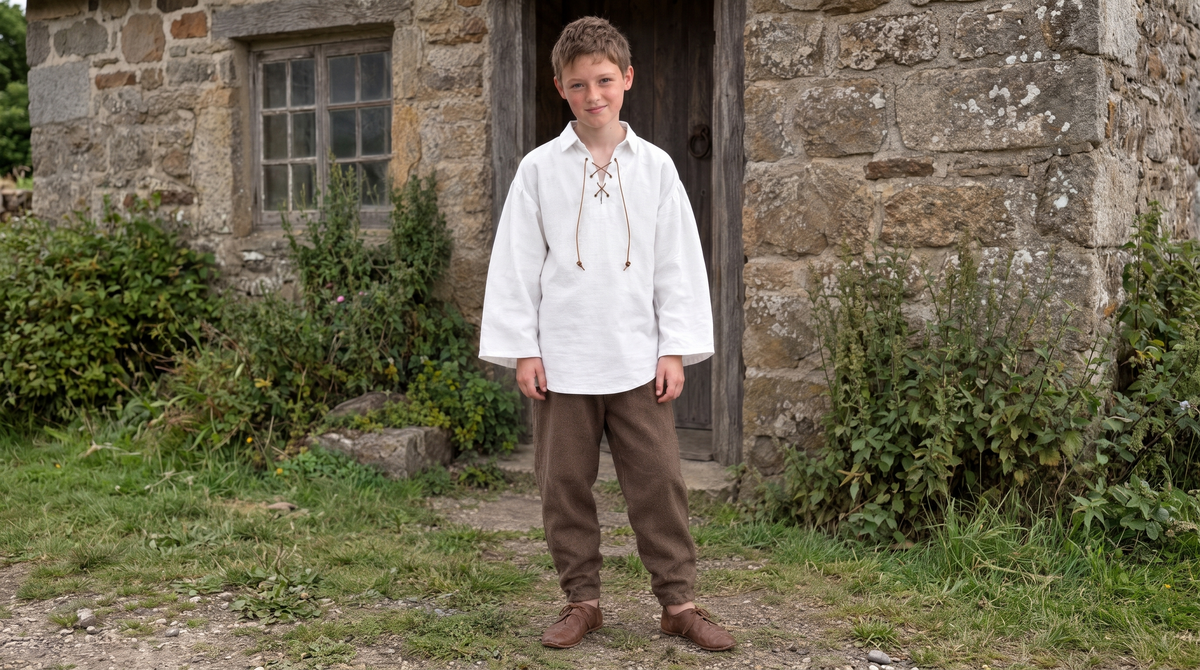 Boy in a white laced renaissance shirt and brown trousers by a stone doorway