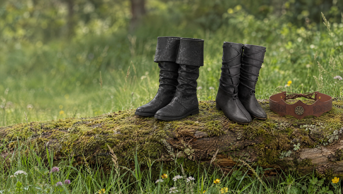 Two pairs of medieval boots and a headband on a mossy log