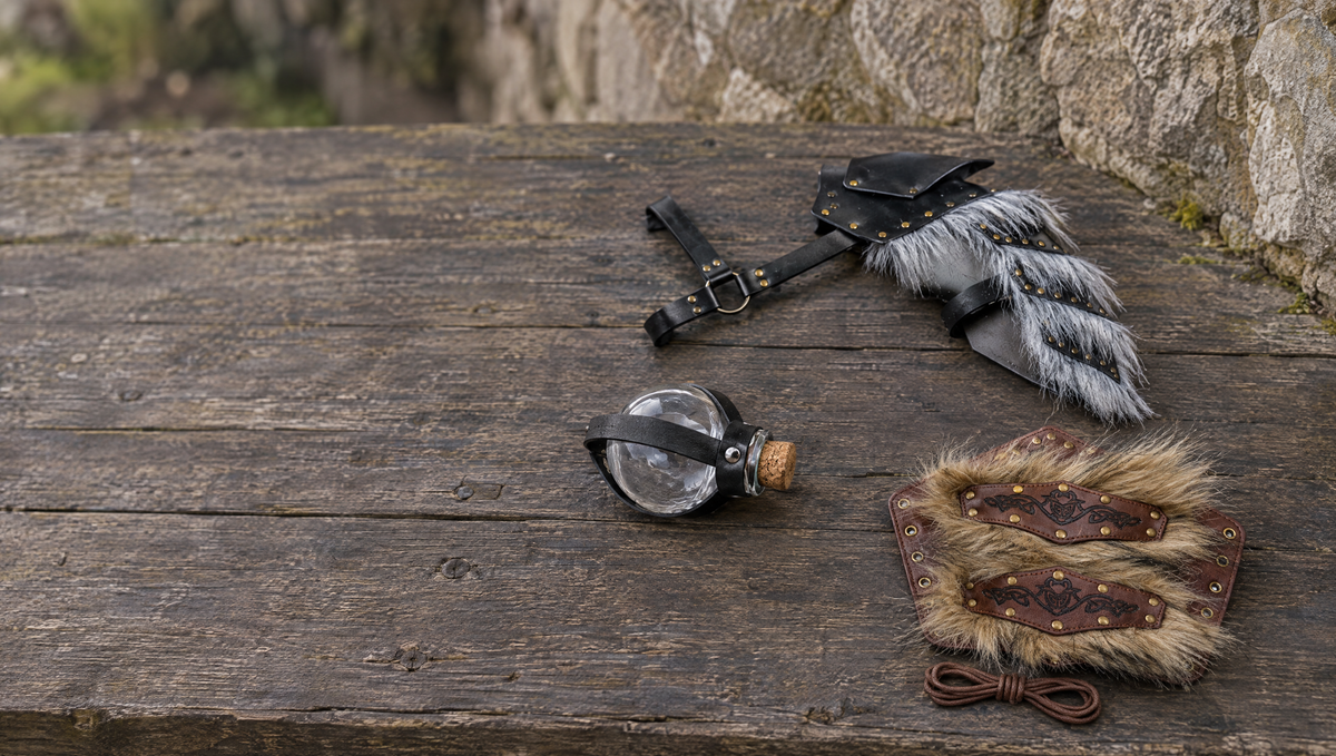Fur-look pauldron, fur-trimmed bracer and a potion bottle on a weathered wooden table