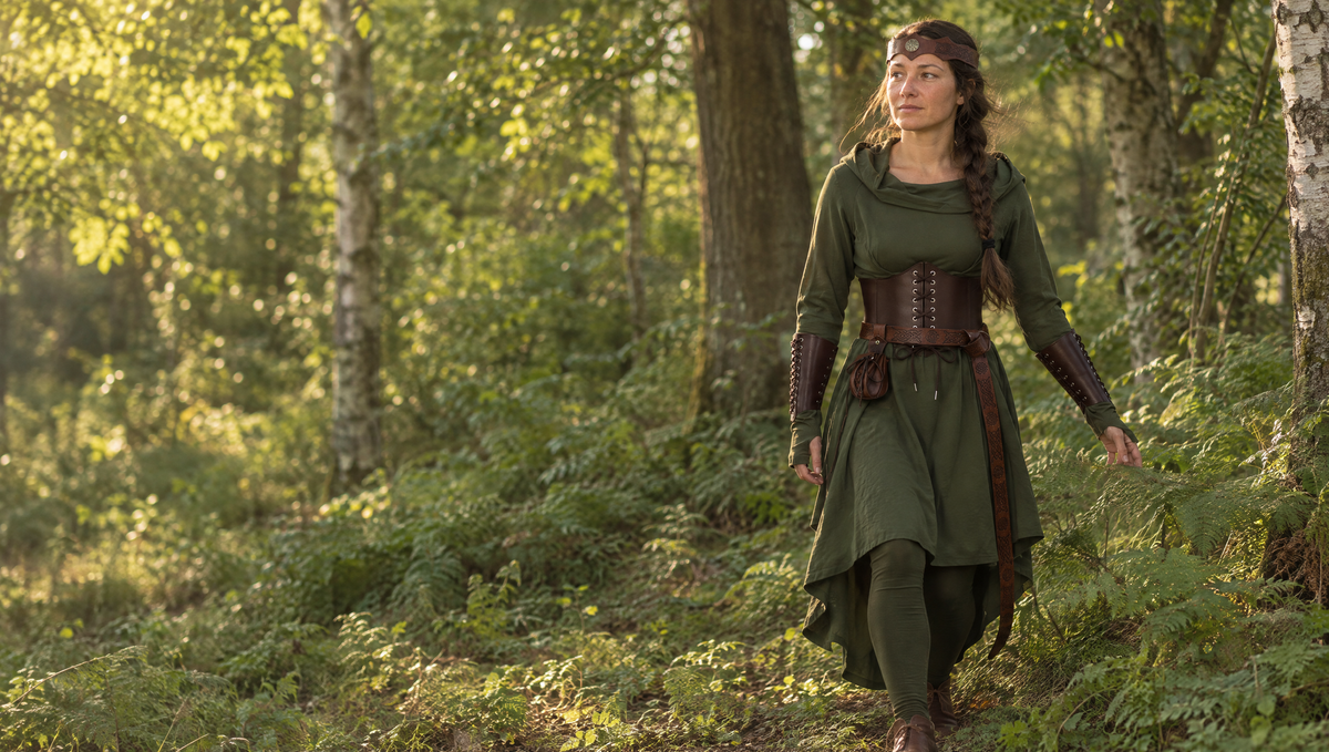 Woman in a green elven dress with a corset belt and bracers walking through a birch forest