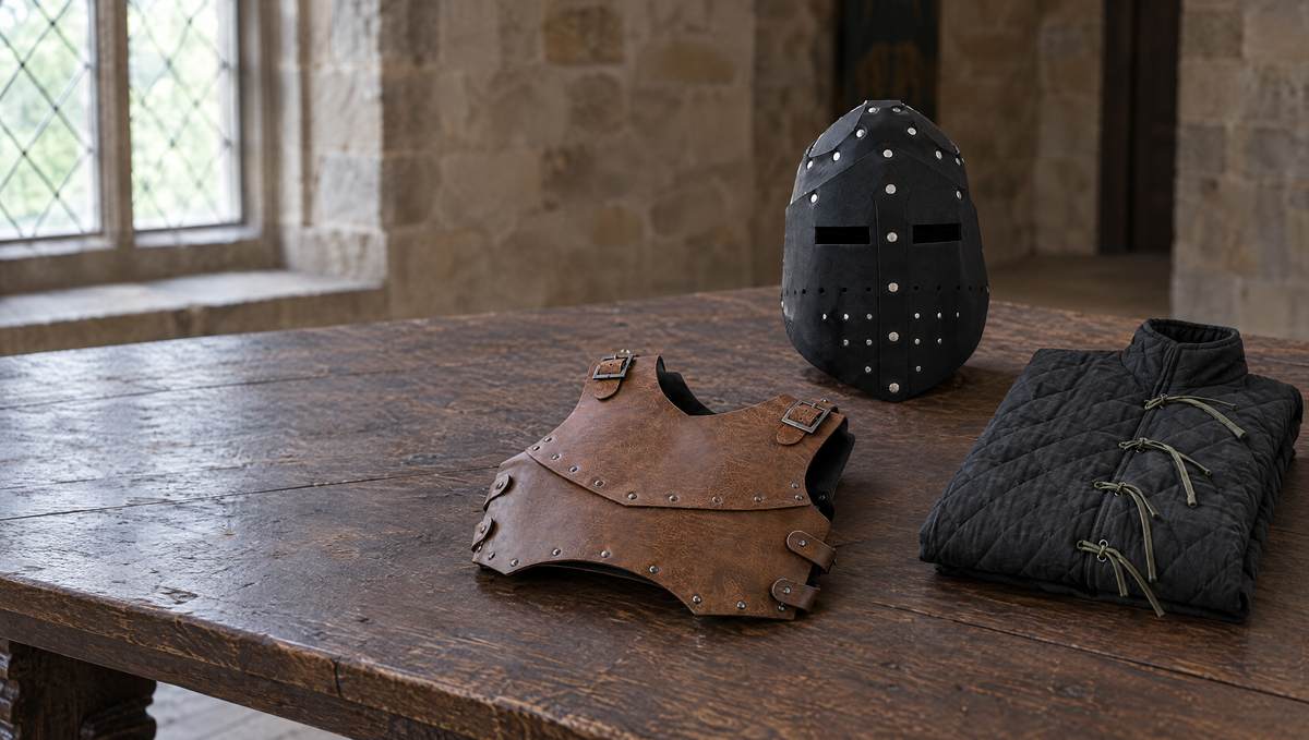 Faux leather great helm, breastplate and a black padded coat on a wooden table