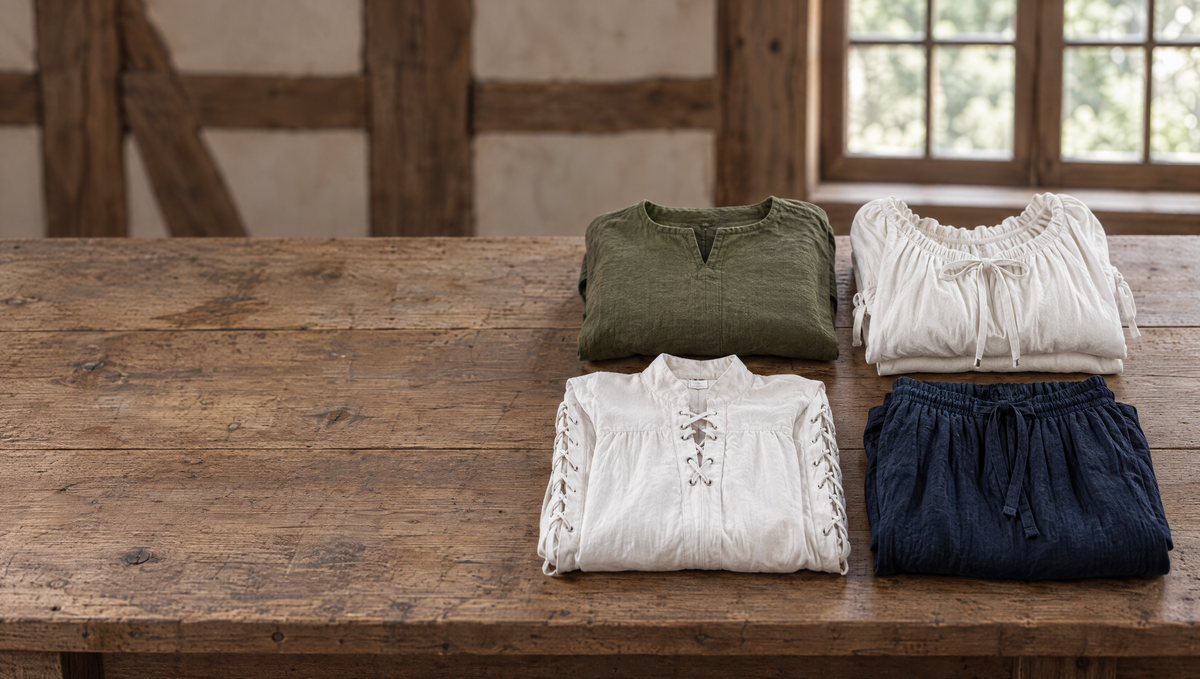 Green tunic, white laced shirts and a navy skirt folded on a wooden table