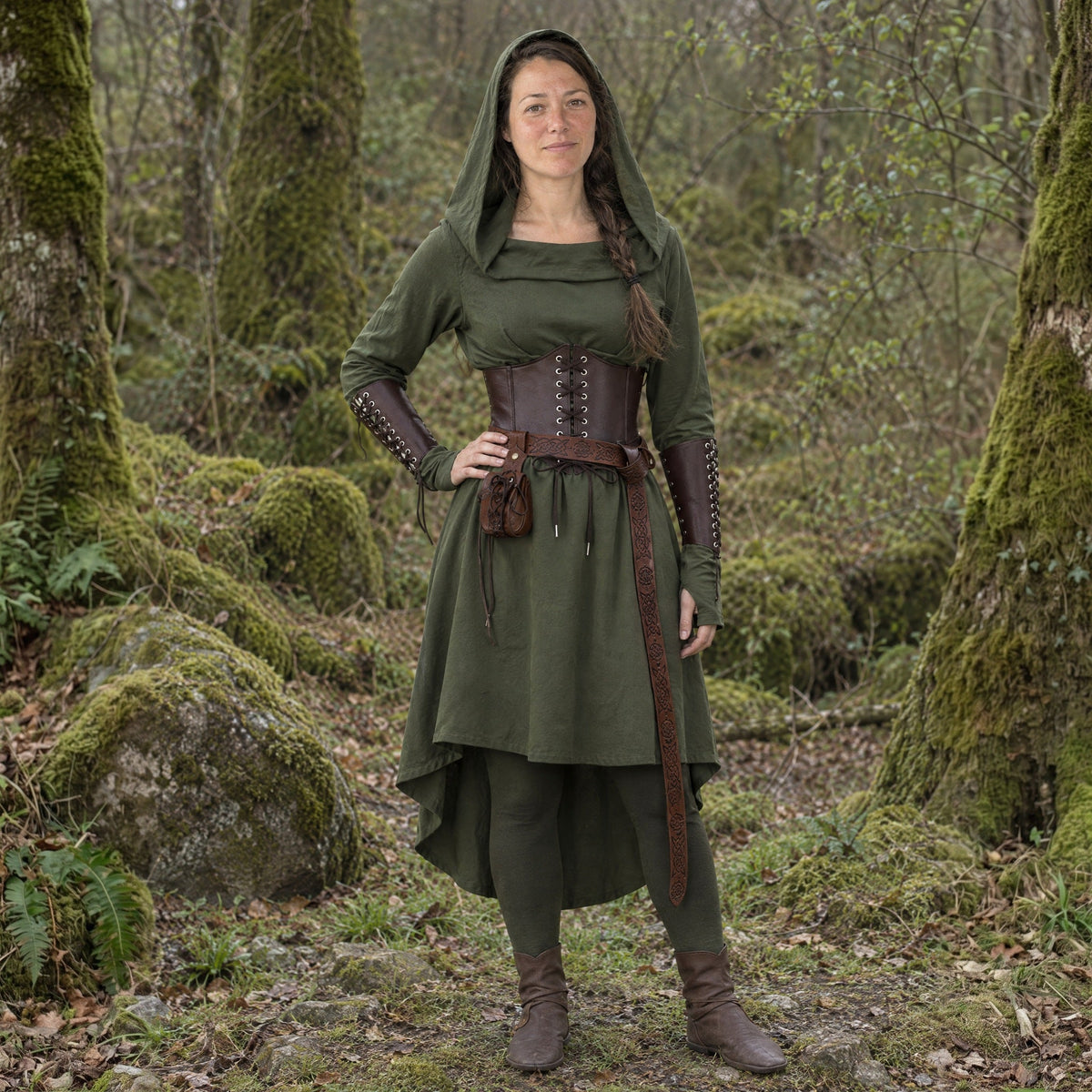 A woman in the Elven Wanderer look outdoors: green hooded dress with a belt