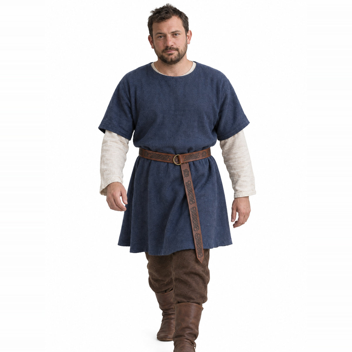 Brown knotwork ring belt with beast heads worn by a model on a white background