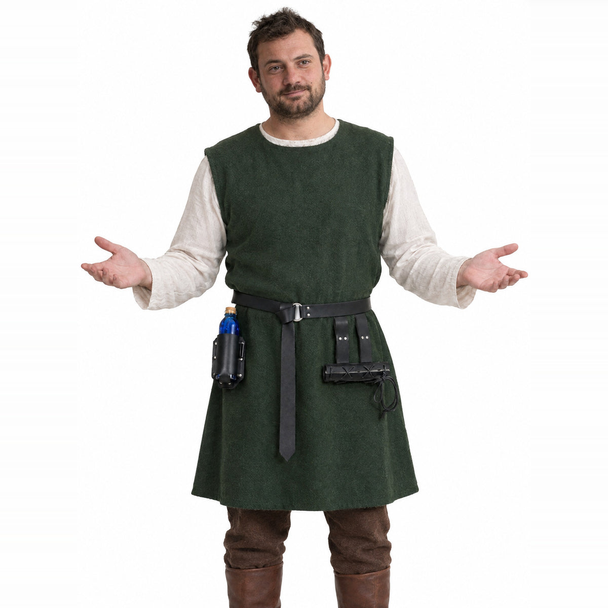 Black belt with bottle holder and double frog worn by a model on a white background
