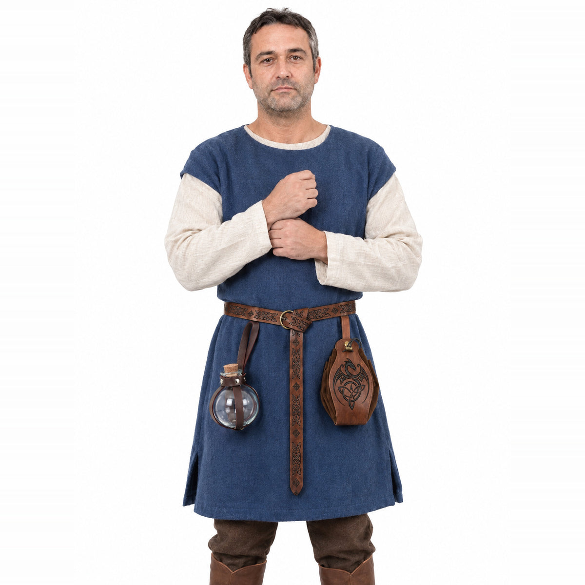 Brown knight belt with bottle holder and dragon pouch worn by a model on a white background