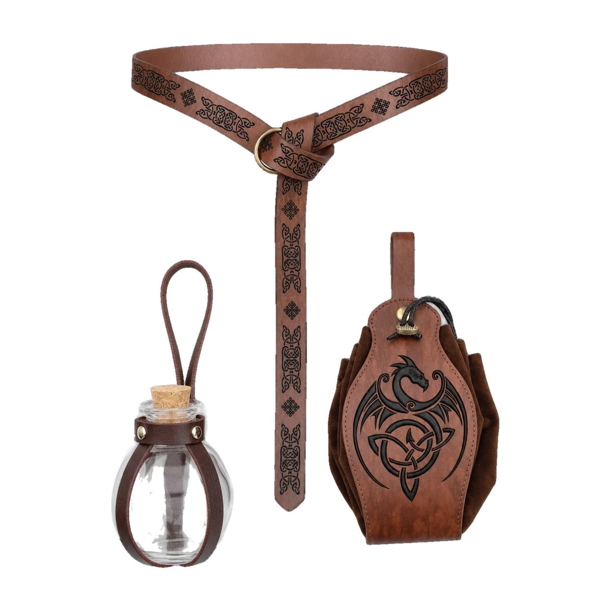 Brown knight belt with bottle holder and dragon pouch