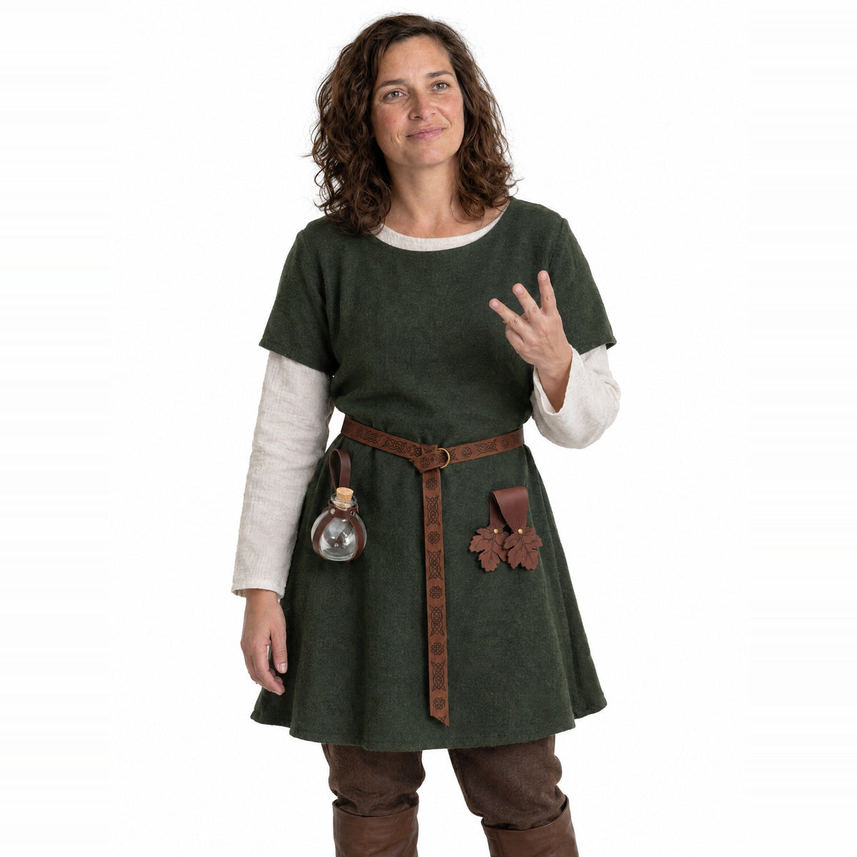 Brown belt with bottle holder and oak leaf hanger worn by a model on a white background