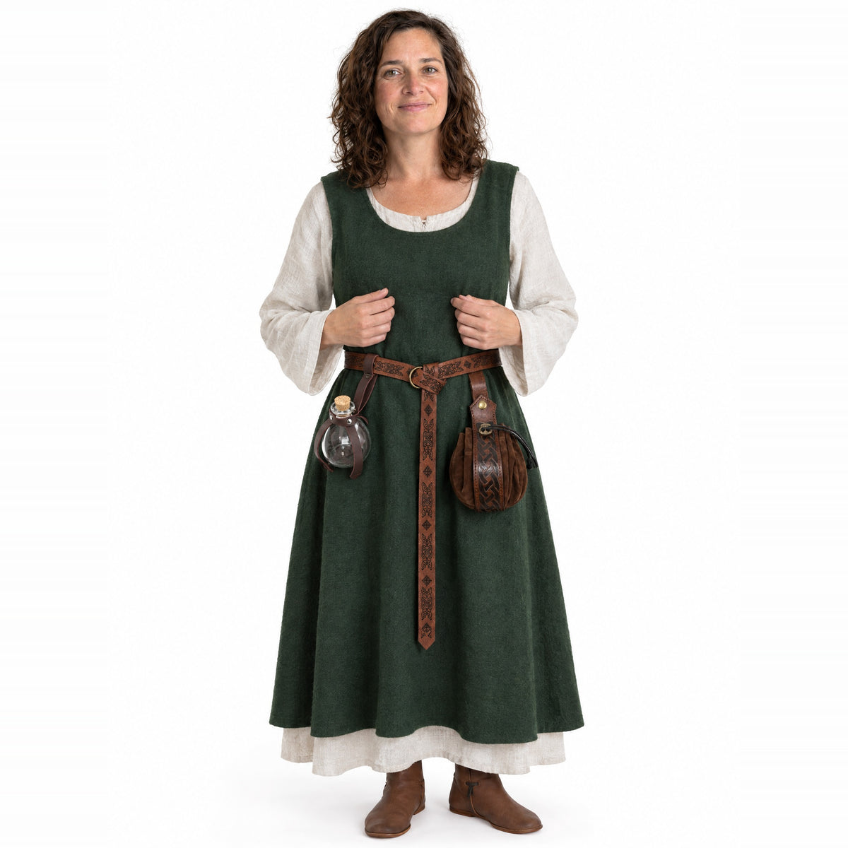 Brown knight belt with bottle holder and pouch worn by a model on a white background