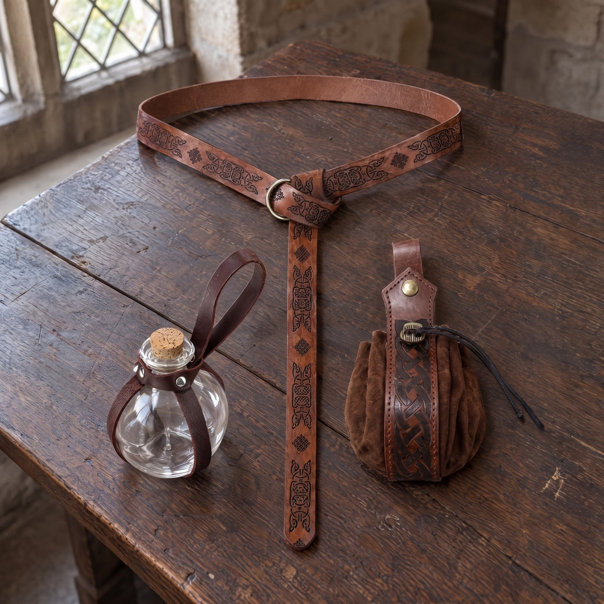 Brown knight belt with bottle holder and pouch on a rustic surface