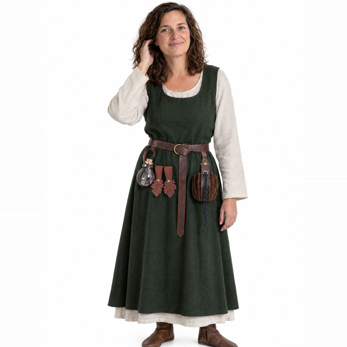 Brown belt kit with two oak leaf hangers worn by a model on a white background