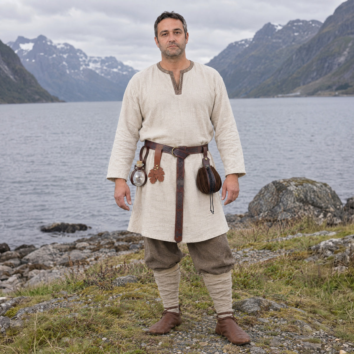 Brown belt kit with two oak leaf hangers worn outdoors, full-length front view