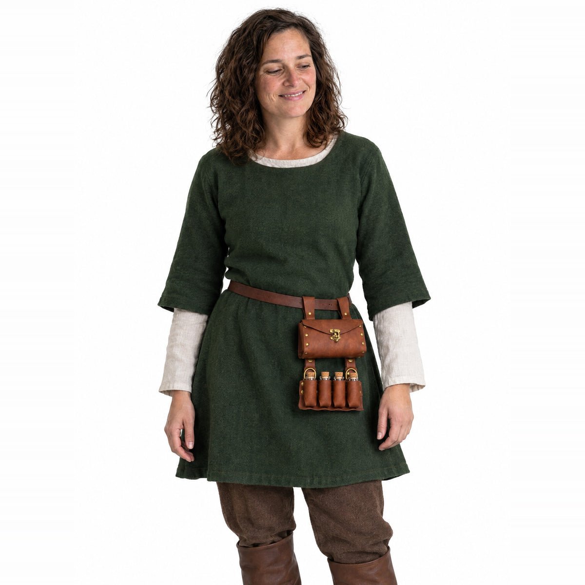 Brown belt pouch with four potion vials worn by a model on a white background