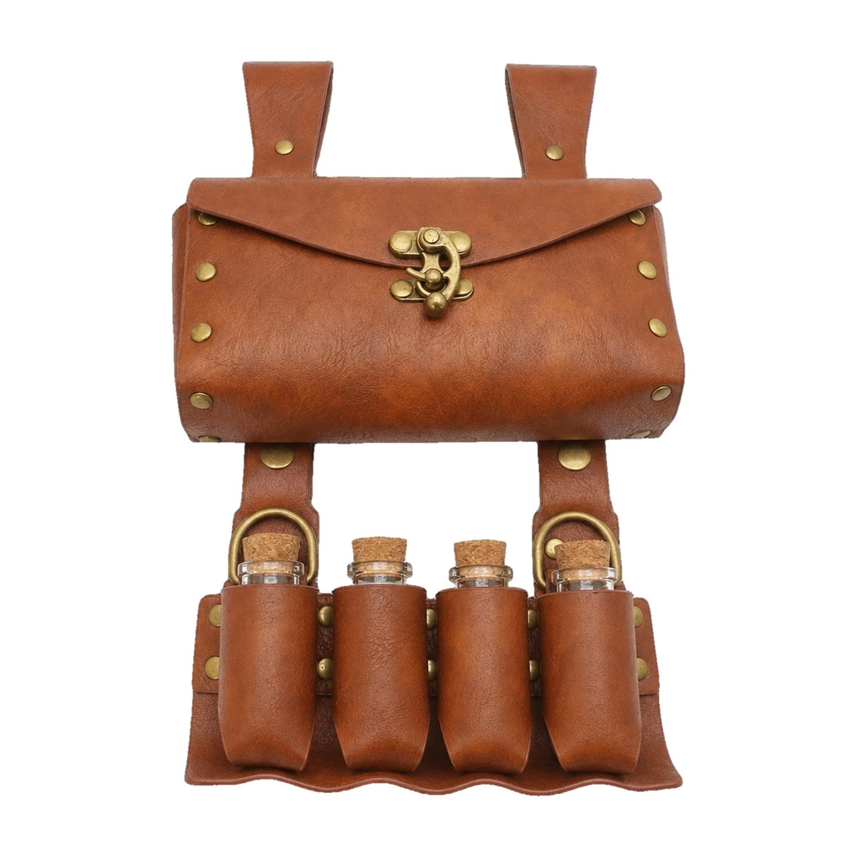 Brown belt pouch with four potion vials