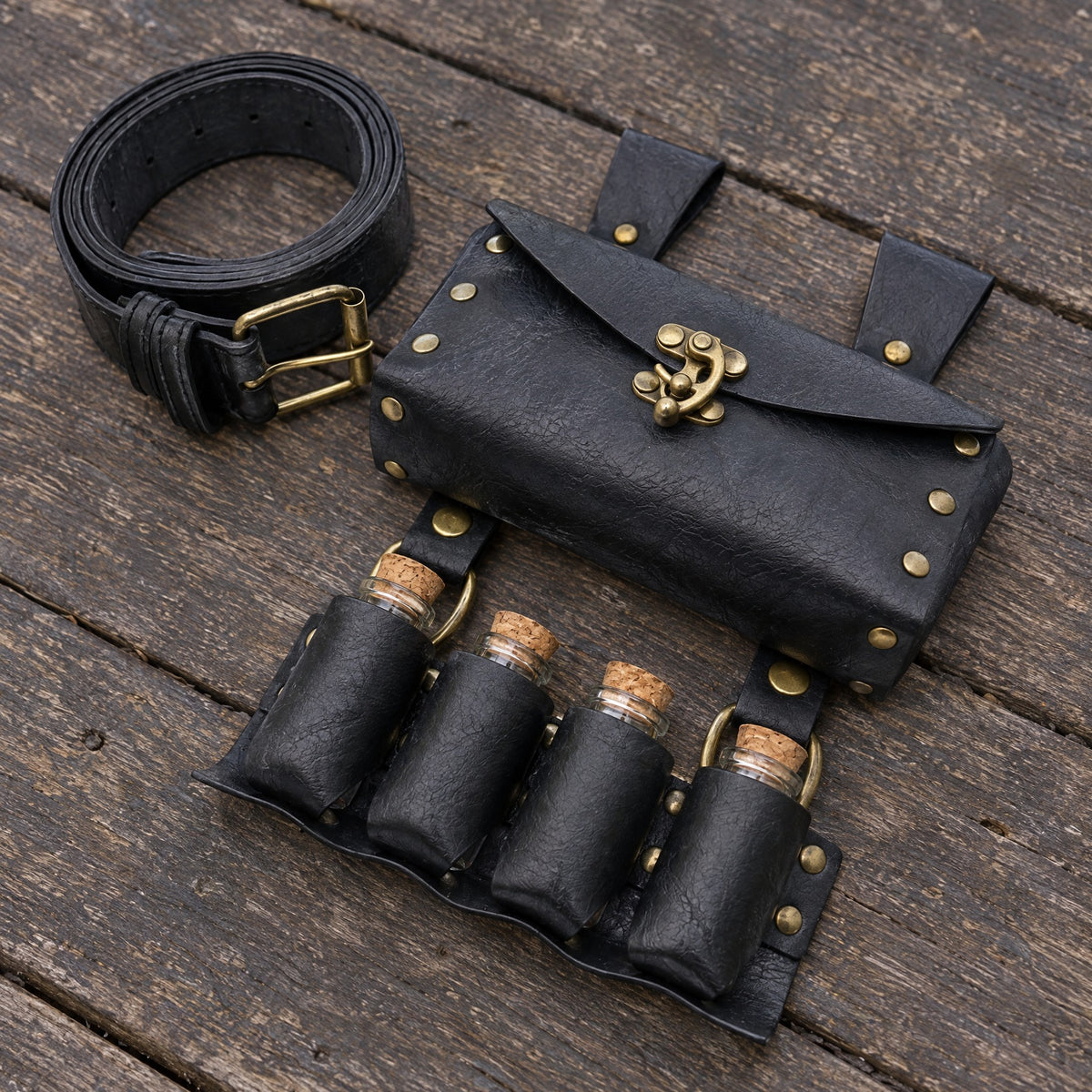 Black belt with pouch and potion vials on a rustic surface